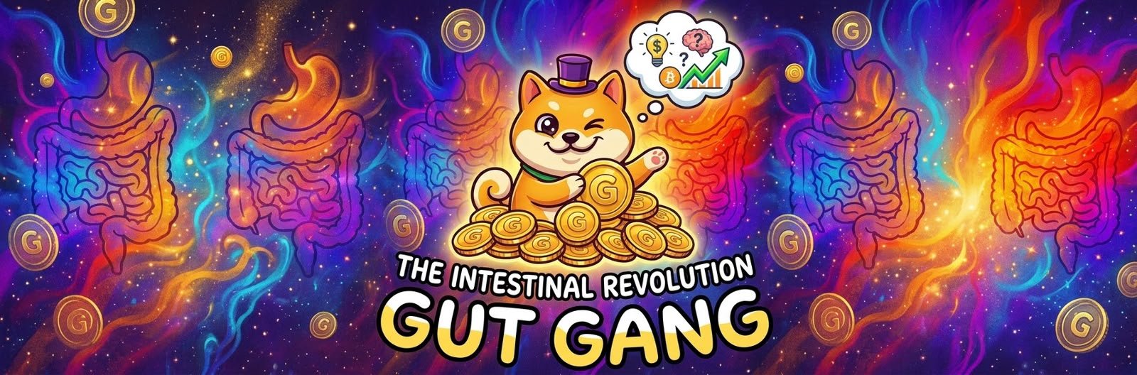Gut Gang banner: a winking shiba in a top hat on a pile of G coins, captioned The Intestinal Revolution